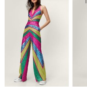 NWT Nasty Gal Sequin Rainbow Colorblock Plunge Wide Leg Jumpsuit, Size 6